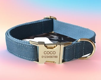 Blue Denim Dog Collar & Leash Set with Bow Tie: Personalized Engraved Buckle