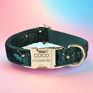 Starry Green Personalized Velvet Dog Collar & Leash Set with Bow Tie, Free Engraving and Metal Color and Font Choice, Pretty Dog Collar
