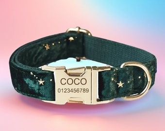 Collar de perro personalizado de terciopelo verde estrellado con pajarita y correa