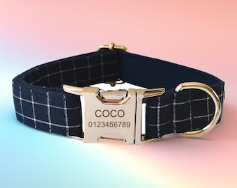Rutigt hundhalsband och koppelset: Marinblått, graverat spänne, specialdesignad metall