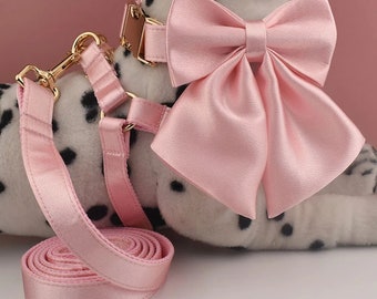Personalized Pink Dog Collar Leash Set: Silky Bow, Free Engraving