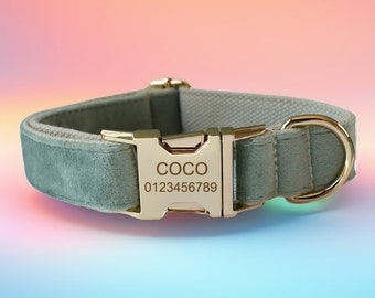 Collar y correa de terciopelo verde pistacho para perro con pajarita y flor. Collar suave con grabado gratuito. Elija el color y la fuente del metal.