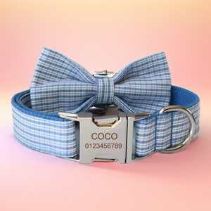 Blau-weißes Tartan-kariertes Hundehalsband & Leinen-Set mit Fliege, kostenloser Gravur und Anpassung, wählen Sie Metallfarbe und Schriftart