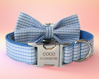 Blaues Schottenkaro Hundehalsband & Leine Set mit Fliege, Kostenlose Gravur