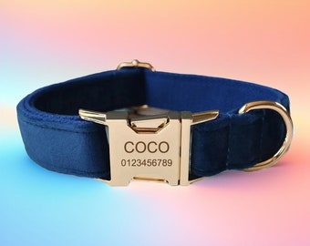 Navy Velvet Dog Collar with Bowtie and Flower: Personalized Engraved Buckle