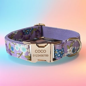 Purple Sakura Dog Collar & Leash Set, Floral Dog Collar with Free Engraving and Customization, Choose Metal Color and Font