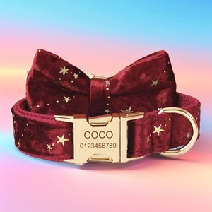 Starry Red Velvet Personalised Dog Collar & Leash Set, Free Engraving, Metal Color Choice and Font Choice, Pretty Dog Collar and Leash