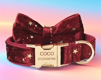 Set rood fluwelen halsband en riem met sterrenhemel: gratis gravure