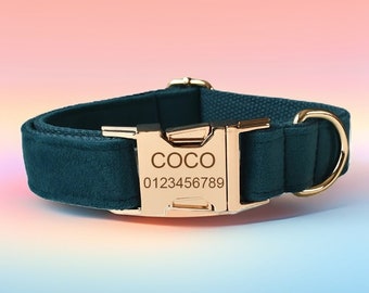 Emerald Green Velvet Dog Collar with Leash & Bow Tie, Personalized Engraved Buckle