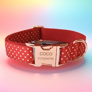 Red with White Polka Dots Personalised Dog Collar & Leash Set and Bow Tie, Free Engraving and Customization, Choose Metal Color and Font