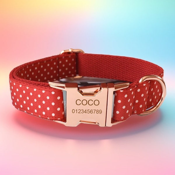 Red with White Polka Dots Personalised Dog Collar & Leash Set and Bow Tie, Free Engraving and Customization, Choose Metal Color and Font