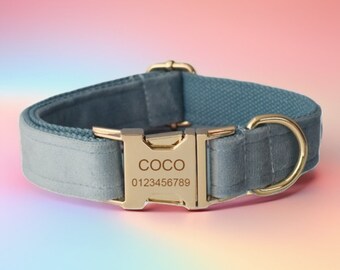 Personalized Sapphire Velvet Dog Collar & Leash Set with Bow Tie and Flower