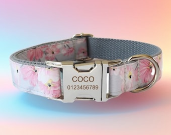 Floral Dog Collar & Leash Set with Bow Tie: Free Engraving