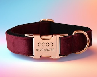 Burgundy Velvet Dog Collar Set: Engraved Buckle, Bow Tie & Flower