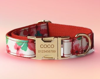 Floral Dog Collar & Leash Set with Bowtie: Personalized Engraved Pet Collar