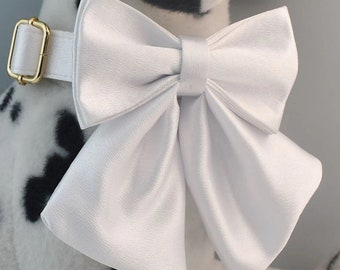 White Wedding Dog Collar & Leash Set with Bow: Free Engraving