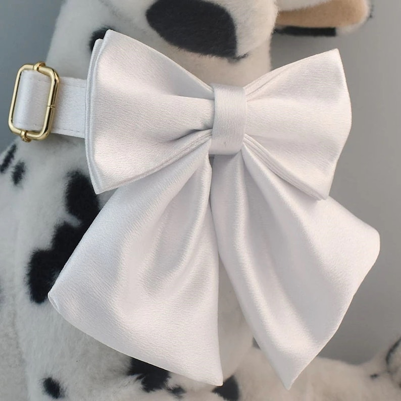 May include: White satin bow tie for a dog. The bow tie is tied around the dog's neck and has a large, flowing bow.