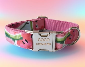 Watermelon Personalized Dog Collar & Leash Set, Free Engraving and Customization, Choose Metal Color and Font, Cute Fruit Dog Collar