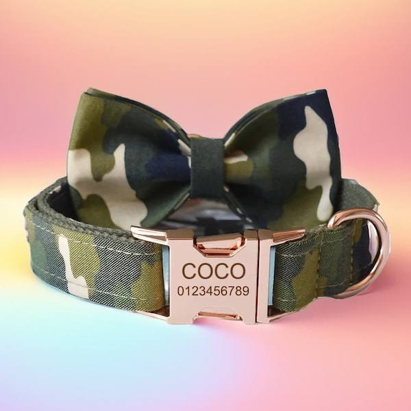 Ensemble collier et laisse pour chien vert camouflage avec noeud papillon, gravure et personnalisation gratuites, couleur du métal et police au choix