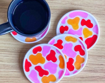 Set of 4 Decorative Drink Coasters, 3D Printed Minimalist Deco, Art Coasters, Pink, Orange, Red Cowprint Pattern