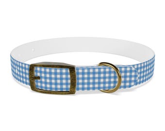 Blue Gingham Dog Collar, Blue Dog Accessory, Pet Gift, Stylish Dog Collar, Adjustable Dog Collar, Trendy Pet Fashion