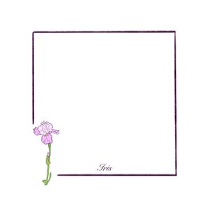 May include: A digital illustration of a purple iris flower with green stem and leaves, positioned in the lower left corner of a white background. The word "Iris" is written in cursive below the flower, and a dark purple square frame surrounds the white space.