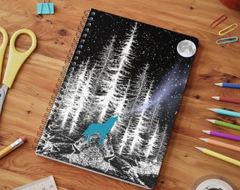 Black and White Forest Wolf Wirebound Softcover Notebook, A5