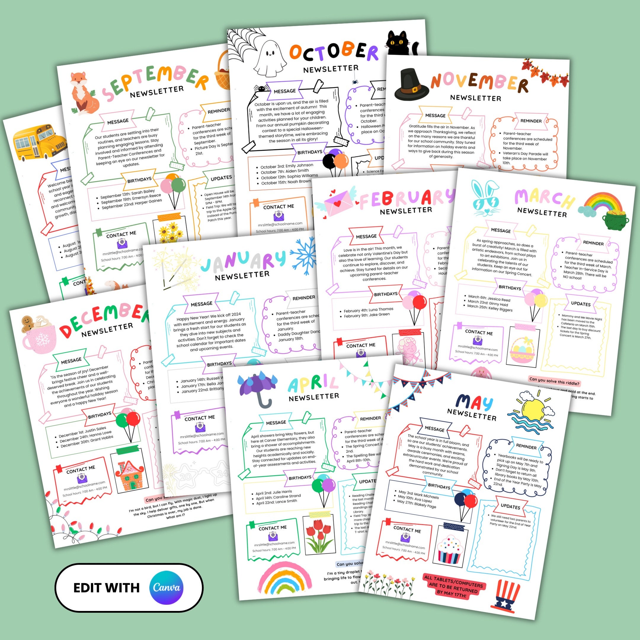 Newsletter Template, Editable Newsletter, Monthly Newsletter, School ...