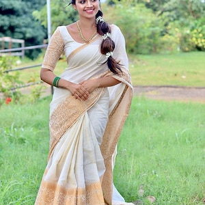 Women's kanchipuram Kanjivaram Soft Lichi Traditional Style Silk Saree With Unstitched Blouse Piece (White)