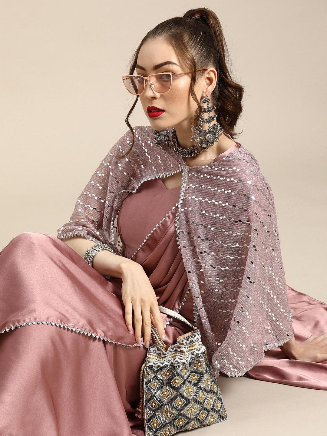 Trendy Mauve Sleek Poly Crepe Saree With Embellished Border Cape