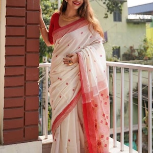 Woven Banarasi Cotton Linen Saree  (Red, White)