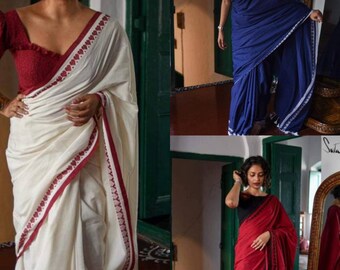 Sharvgun - Sari de gasa pura para mujer, color liso, con borde de Bollywood  indio (Sari) con blusa sin coser, color rojo, Rojo 