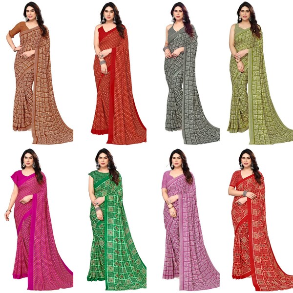 Frauen bedruckter Georgette (Ranial) Saree mit nicht genähter Bluse