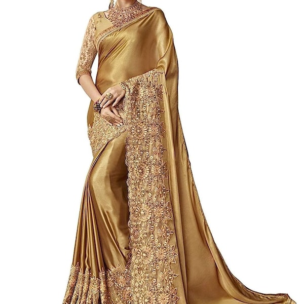 Women's Lycra Silk Embroidery Work Saree, Golden Color Bridal Saree, Wedding Wear cloth