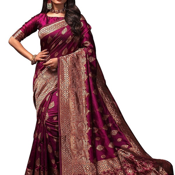 Banarasi Seide Süd Indien Saree für die Hochzeit | Designer Sari mit genähter Bluse | Saris USA | Sabyasachi Party Abnutzung Silber Saree