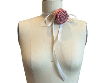 Dusty Pink Satin Feminine Handmade Rose Flower Choker Necklace