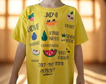 Fruit of the Spirit Kids Shirt – Galatians 5:22 Bible Verse Tee – Christian Youth Shirt – Cute Faith-Based Shirt with Fruits – Sunday School