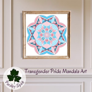 Trans Pride Mandala Art Print, original hand-drawn art in the colors of the Transgender Pride Flag, digital wall art