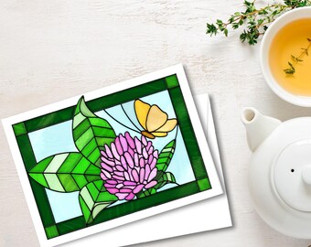 Notitiekaart met glas-in-lood rode klaver: afdrukbare bloemenwenskaart en envelop (pdf, 5 x 7")