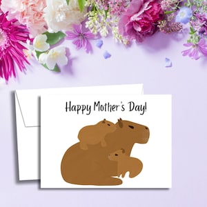 Leuke capibara-moederdagkaart, download en print vandaag nog, variaties voor 1, 2 of 3 kinderen, lastminutekaart