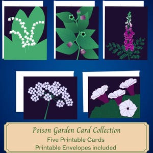 Juego de 5 tarjetas botánicas oscuras y melancólicas, tarjetas imprimibles, tarjetas descargables, sobres incluidos, interior en blanco, tarjeta en blanco de bruja