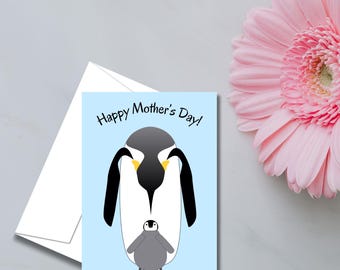 Mother’s Day card, Penguin Family, downloadable 5”x7”, Options for 1-3 kids