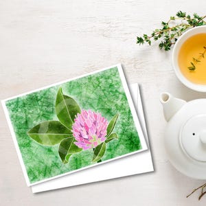 以下が含まれることがあります： ピンクのクローバーの花と緑の葉の水彩画イラストが描かれた、テクスチャ加工された緑色の背景の白いグリーティングカード2枚。白いティーポットと、タイムの小枝が入ったお茶のカップが背景にあります。