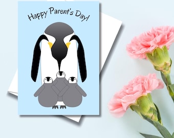 Nonbinary Parent’s Day card, Penguin Family, downloadable 5”x7”, Options for 1-3 kids