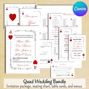 May include: A collection of wedding stationery featuring a playing card theme. The set includes invitations, menus, table cards, and seating charts. Each piece is white with red heart suit symbols and decorative flourishes. The text includes wedding details.