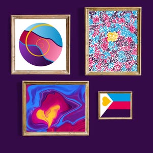 May include: Four framed pictures on a purple wall. The top left picture has a pink, blue, and purple circle with a yellow spiral inside. The top right picture has a colorful abstract pattern with swirls and lines. The bottom left picture has a blue, pink, and yellow abstract swirl pattern. The bottom right picture has a flag with a yellow heart and blue, red, and purple stripes.