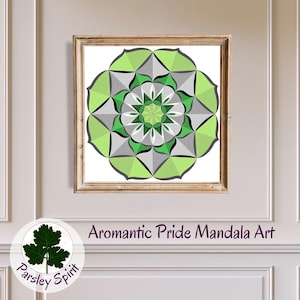 Aromantic Pride Mandala Art Print, original hand-drawn art in the colors of the Aro Pride Flag, digital wall art