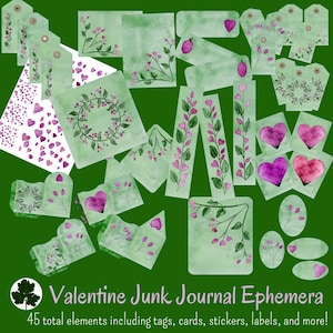 Aquarell Valentine Ephemera Pack, 45 Elemente mit Aufklebern, Tags, Karten und mehr für Junk Journals und Scrapbooking, kommerzielle Nutzung