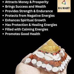 May include: A clear glass pyramid filled with white seashells, red beads, and a gold-colored statue of a deity. The pyramid is being held in a hand. The text "BENEFITS OF LAXMI PYRAMID" and "RG MART" are visible in the image.