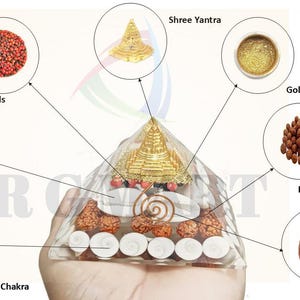 May include: A clear pyramid filled with various items, including white kauri shells, gomti chakra, rudraksha beads, and a copper coil. The pyramid also features a golden shree yantra, golden dust, and red ratti seeds.